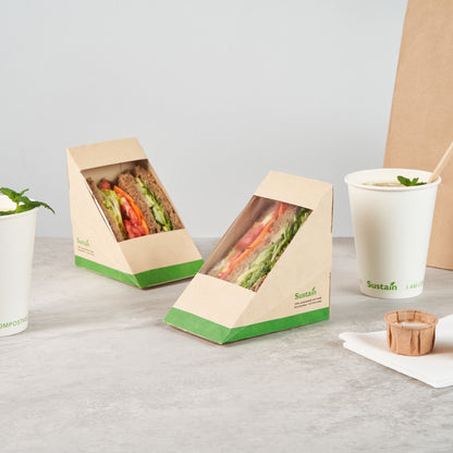 Sustain Bamboo Paper Large Sandwich Box - with PLA Lining and Window, Compostable - 4 3/4" x 4 3/4" x 3 1/4" - 25 count box