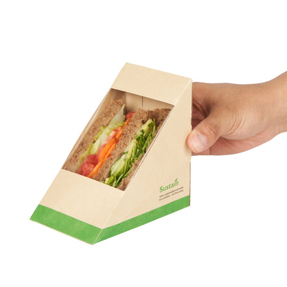 Sustain Bamboo Paper Large Sandwich Box - with PLA Lining and Window, Compostable - 4 3/4" x 4 3/4" x 3 1/4" - 25 count box