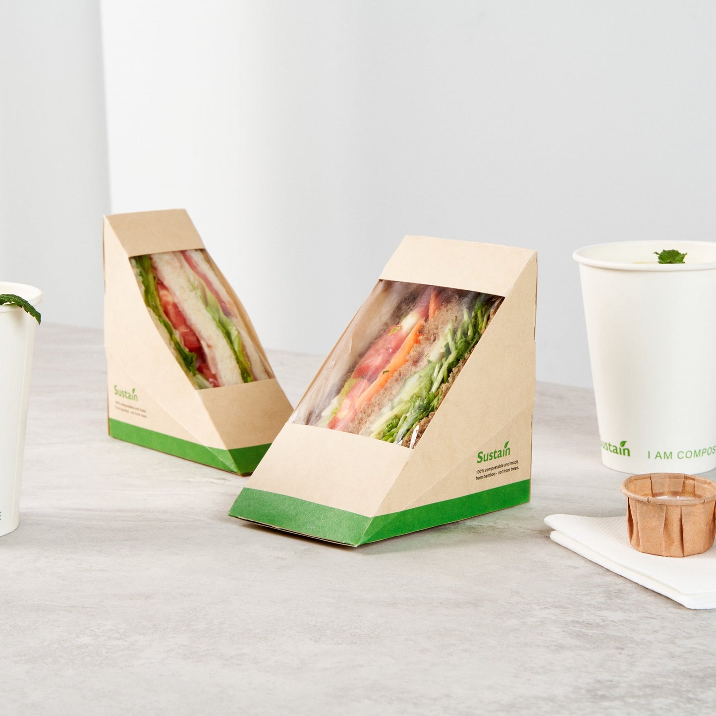 Sustain Bamboo Paper Large Sandwich Box - with PLA Lining and Window, Compostable - 4 3/4" x 4 3/4" x 3 1/4" - 25 count box