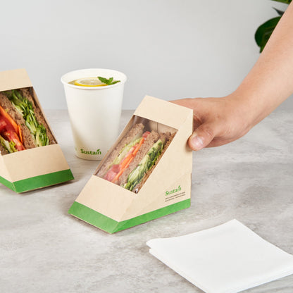 Sustain Bamboo Paper Large Sandwich Box - with PLA Lining and Window, Compostable - 4 3/4" x 4 3/4" x 3 1/4" - 25 count box