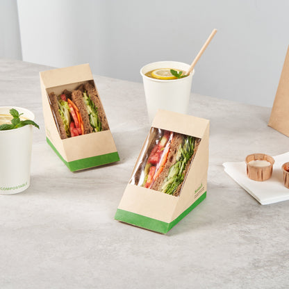 Sustain Bamboo Paper Large Sandwich Box - with PLA Lining and Window, Compostable - 4 3/4" x 4 3/4" x 3 1/4" - 25 count box