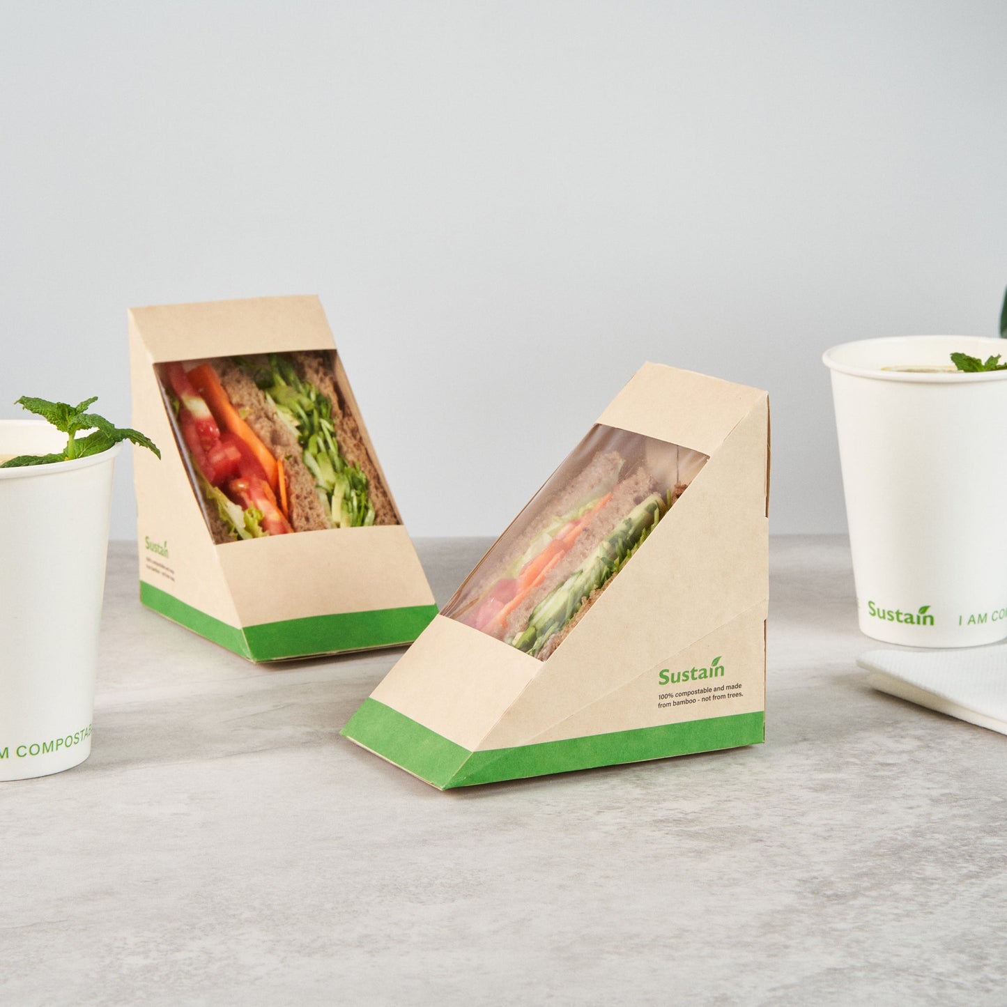 Sustain Bamboo Paper Large Sandwich Box - with PLA Lining and Window, Compostable - 4 3/4" x 4 3/4" x 3 1/4" - 25 count box