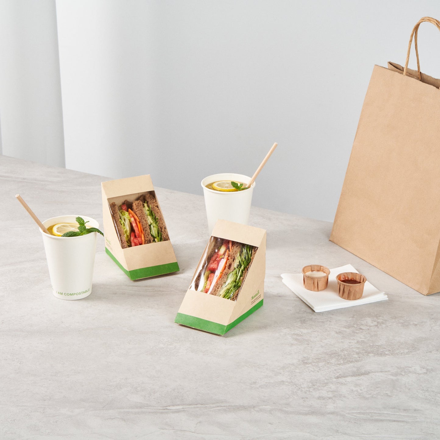 Sustain Bamboo Paper Large Sandwich Box - with PLA Lining and Window, Compostable - 4 3/4" x 4 3/4" x 3 1/4" - 25 count box