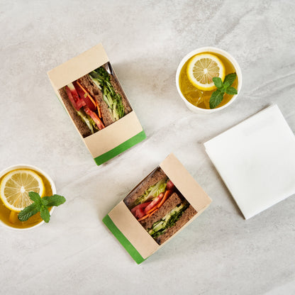Sustain Bamboo Paper Large Sandwich Box - with PLA Lining and Window, Compostable - 4 3/4" x 4 3/4" x 3 1/4" - 25 count box