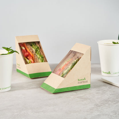 Sustain Bamboo Paper Large Sandwich Box - with PLA Lining and Window, Compostable - 4 3/4" x 4 3/4" x 3 1/4" - 200 count box