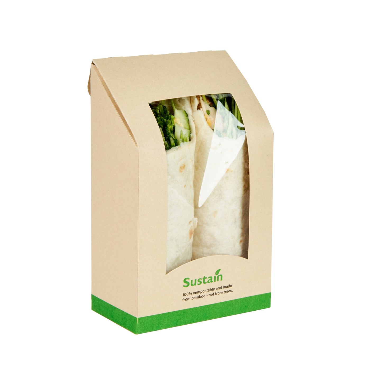 Sustain Bamboo Paper Sandwich / Wrap Take Out Container - with PLA Lining and Window, Compostable - 6" x 3 3/4" x 2" - 50 count box