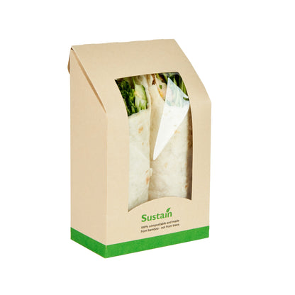 Sustain Bamboo Paper Sandwich / Wrap Take Out Container - with PLA Lining and Window, Compostable - 6" x 3 3/4" x 2" - 50 count box