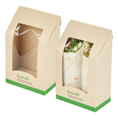Sustain Bamboo Paper Sandwich / Wrap Take Out Container - with PLA Lining and Window, Compostable - 6" x 3 3/4" x 2" - 50 count box