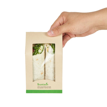 Sustain Bamboo Paper Sandwich / Wrap Take Out Container - with PLA Lining and Window, Compostable - 6" x 3 3/4" x 2" - 50 count box