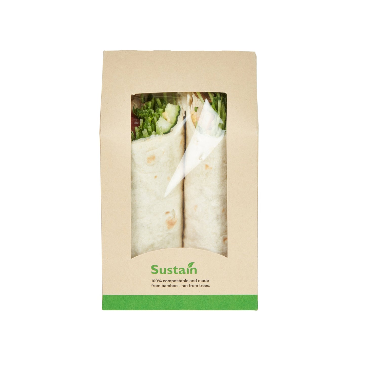 Sustain Bamboo Paper Sandwich / Wrap Take Out Container - with PLA Lining and Window, Compostable - 6" x 3 3/4" x 2" - 50 count box