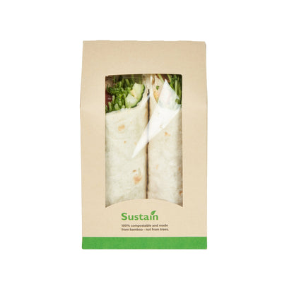 Sustain Bamboo Paper Sandwich / Wrap Take Out Container - with PLA Lining and Window, Compostable - 6" x 3 3/4" x 2" - 50 count box
