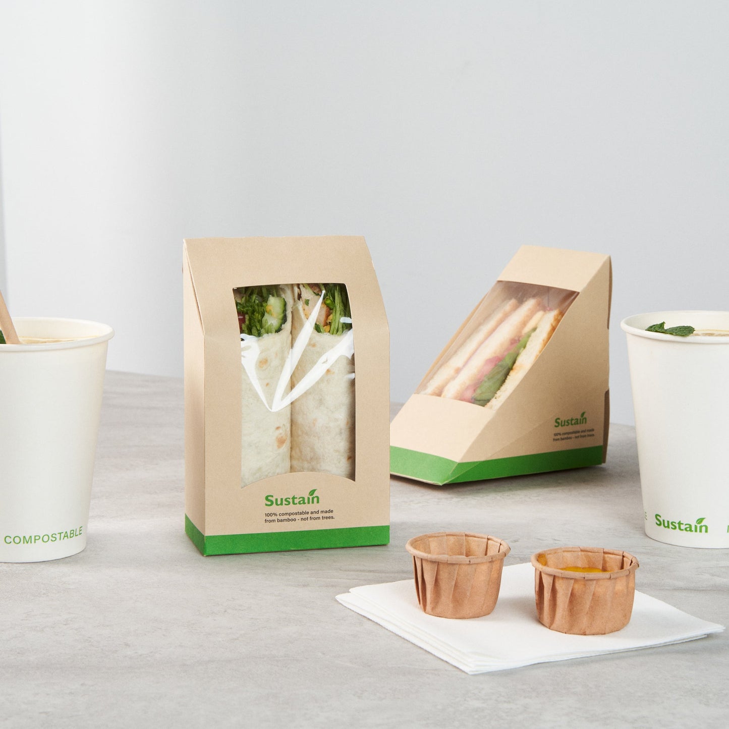 Sustain Bamboo Paper Sandwich / Wrap Take Out Container - with PLA Lining and Window, Compostable - 6" x 3 3/4" x 2" - 50 count box