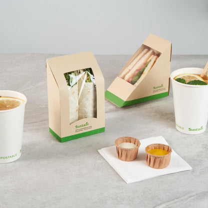 Sustain Bamboo Paper Sandwich / Wrap Take Out Container - with PLA Lining and Window, Compostable - 6" x 3 3/4" x 2" - 50 count box