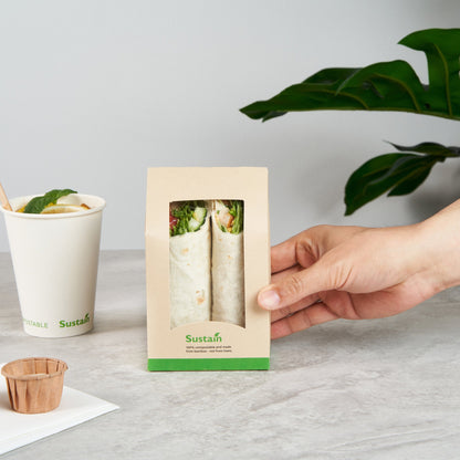 Sustain Bamboo Paper Sandwich / Wrap Take Out Container - with PLA Lining and Window, Compostable - 6" x 3 3/4" x 2" - 200 count box