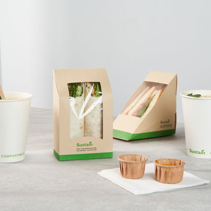 Sustain Bamboo Paper Sandwich / Wrap Take Out Container - with PLA Lining and Window, Compostable - 6" x 3 3/4" x 2" - 200 count box