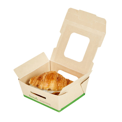 Sustain 12 oz Bamboo Paper Mini Bio Take Out Container - with PLA Lining and Windows, Compostable - 4 1/4" x 3 3/4" x 1 3/4" - 200 count box