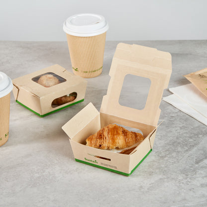 Sustain 12 oz Bamboo Paper Mini Bio Take Out Container - with PLA Lining and Windows, Compostable - 4 1/4" x 3 3/4" x 1 3/4" - 200 count box