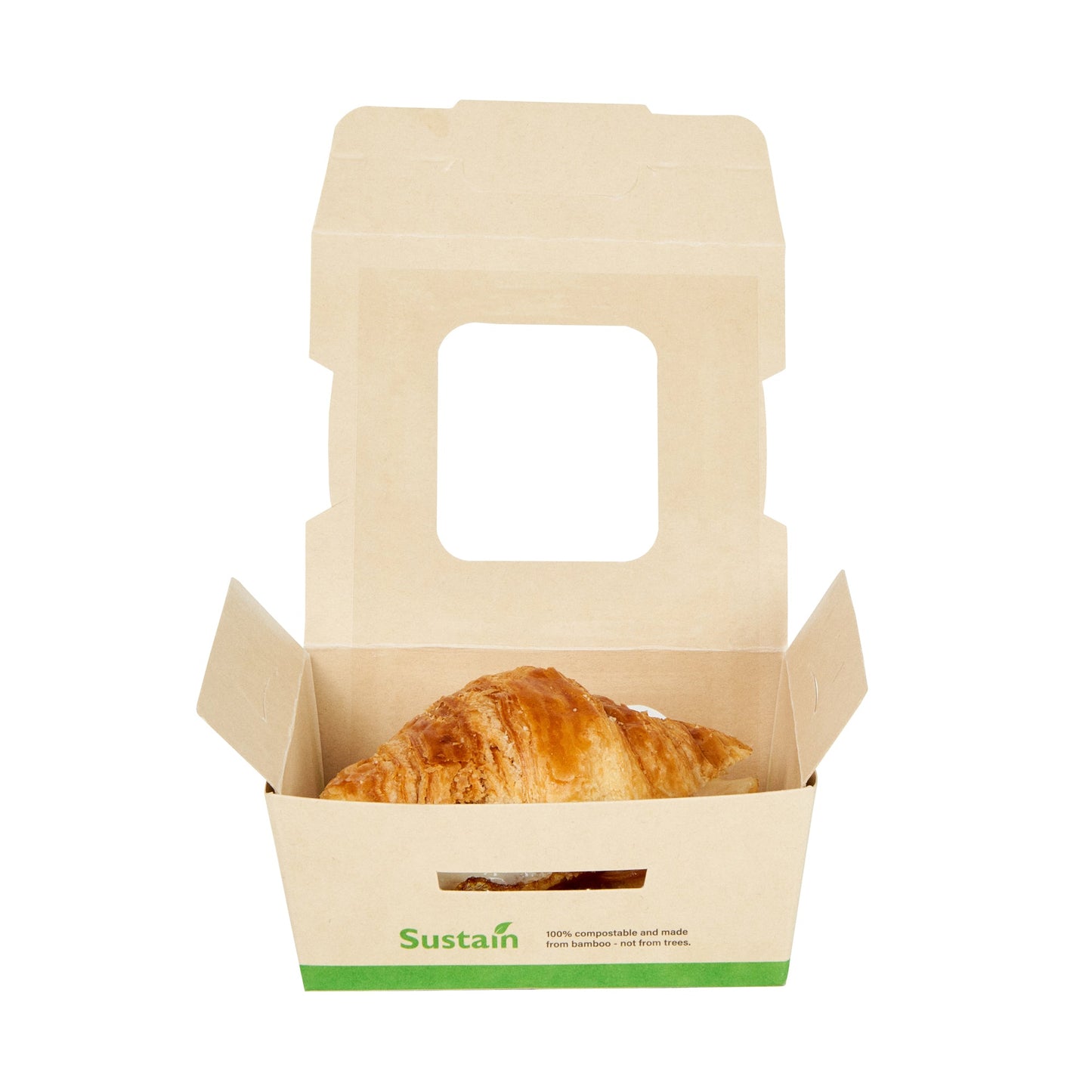 Sustain 12 oz Bamboo Paper Mini Bio Take Out Container - with PLA Lining and Windows, Compostable - 4 1/4" x 3 3/4" x 1 3/4" - 200 count box