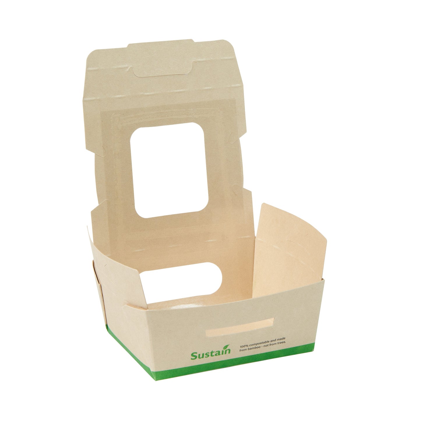 Sustain 12 oz Bamboo Paper Mini Bio Take Out Container - with PLA Lining and Windows, Compostable - 4 1/4" x 3 3/4" x 1 3/4" - 200 count box