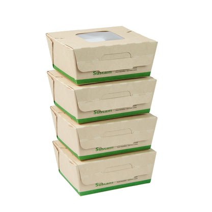 Sustain 12 oz Bamboo Paper Mini Bio Take Out Container - with PLA Lining and Windows, Compostable - 4 1/4" x 3 3/4" x 1 3/4" - 200 count box