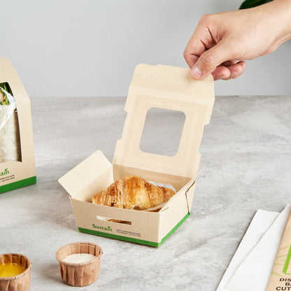 Sustain 12 oz Bamboo Paper Mini Bio Take Out Container - with PLA Lining and Windows, Compostable - 4 1/4" x 3 3/4" x 1 3/4" - 200 count box
