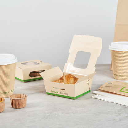 Sustain 12 oz Bamboo Paper Mini Bio Take Out Container - with PLA Lining and Windows, Compostable - 4 1/4" x 3 3/4" x 1 3/4" - 200 count box