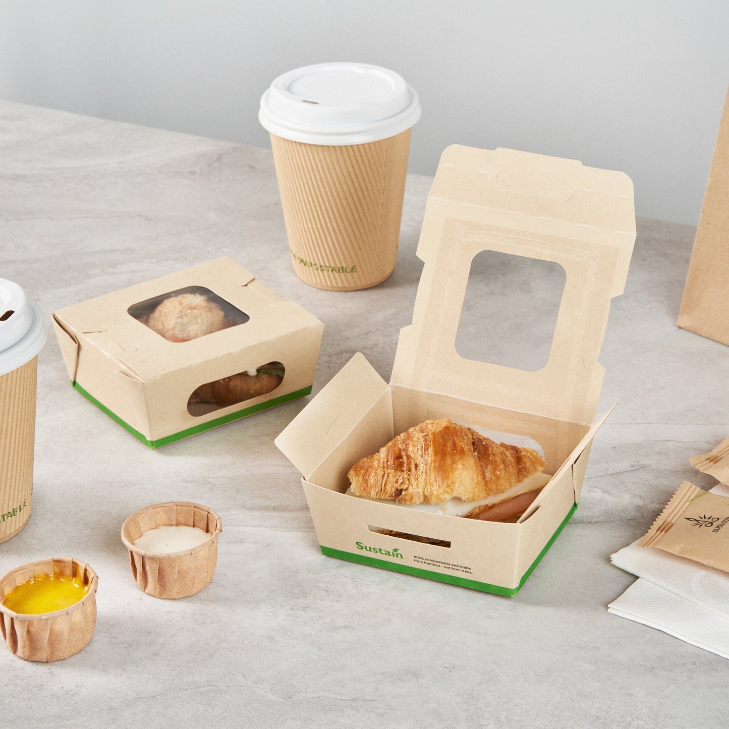 Sustain 12 oz Bamboo Paper Mini Bio Take Out Container - with PLA Lining and Windows, Compostable - 4 1/4" x 3 3/4" x 1 3/4" - 200 count box
