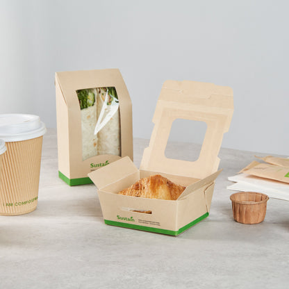 Sustain 12 oz Bamboo Paper Mini Bio Take Out Container - with PLA Lining and Windows, Compostable - 4 1/4" x 3 3/4" x 1 3/4" - 200 count box