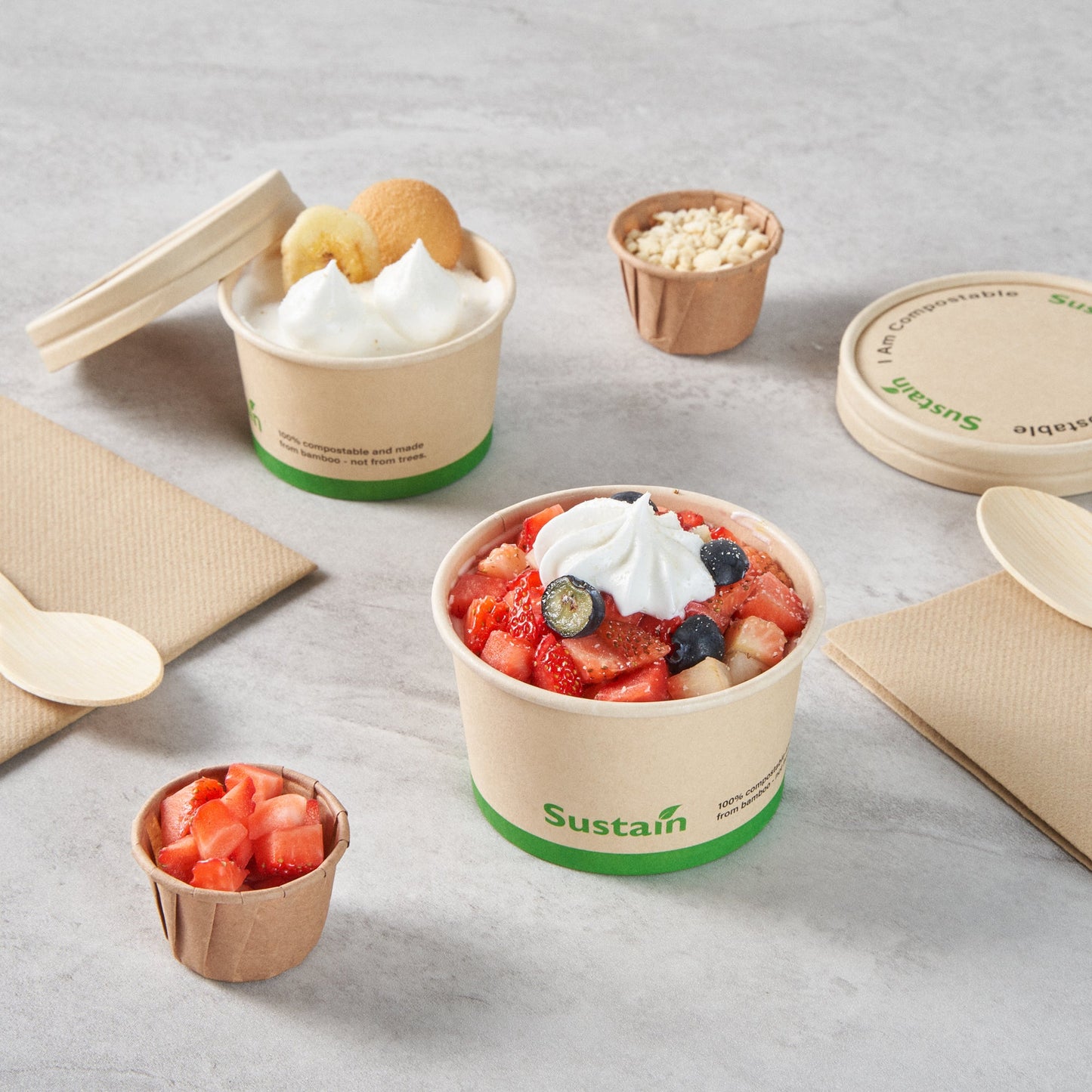 Sustain 5 oz Round Bamboo Paper To Go Cup - with PLA Lining, Compostable - 3 1/4" x 3 1/4" x 2" - 50 count box