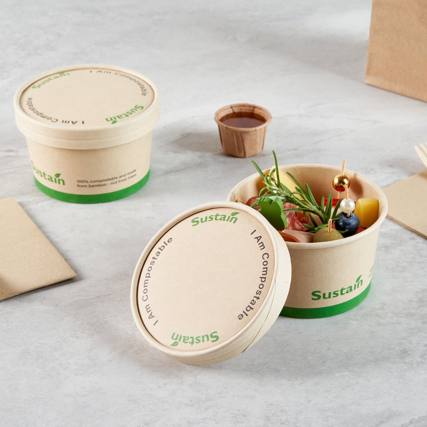 Sustain Round Bamboo Paper To Go Cup Lid - with PLA Lining, Fits 12 oz - 50 count box