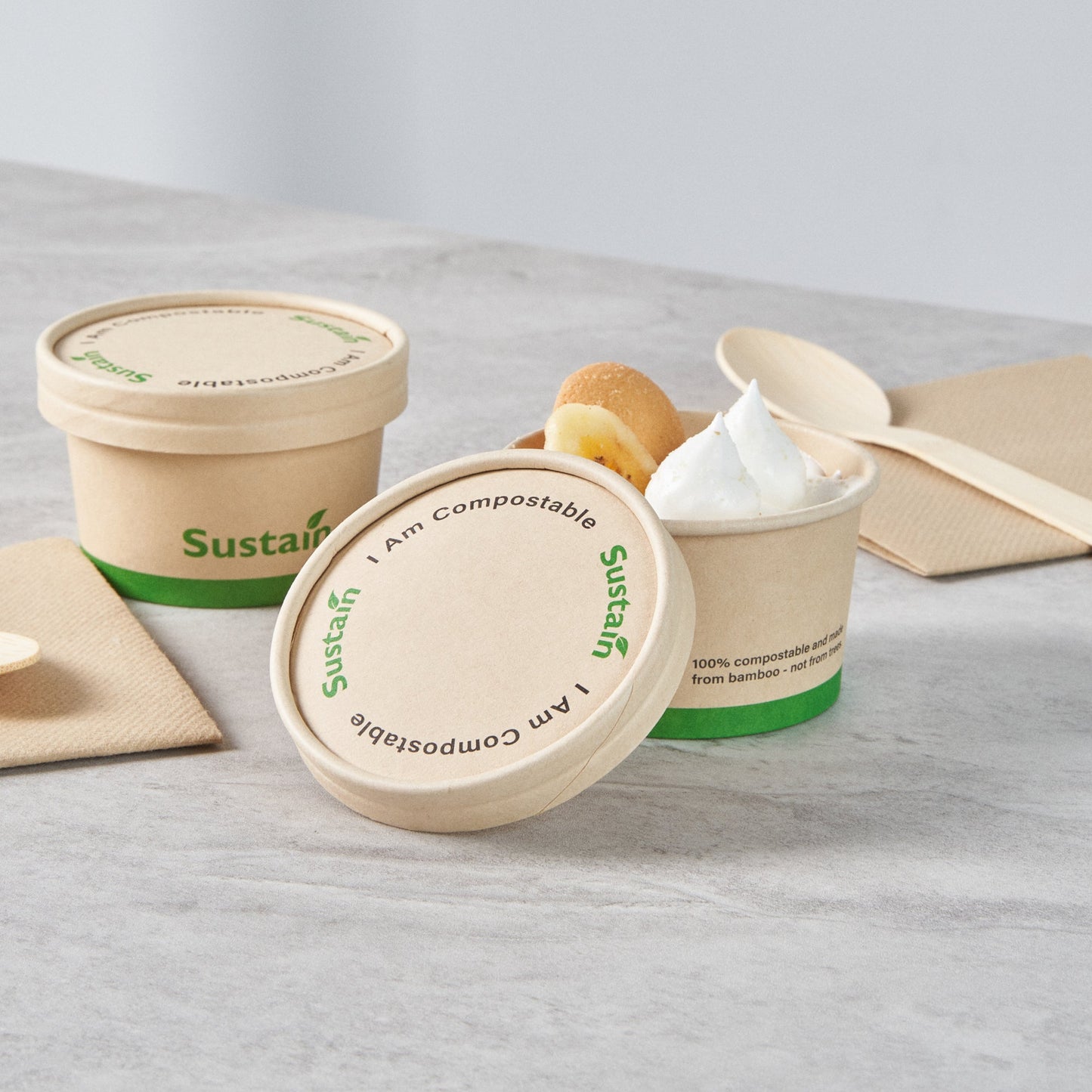 Sustain Round Bamboo Paper To Go Cup Lid - with PLA Lining, Fits 3 and 4 oz - 50 count box