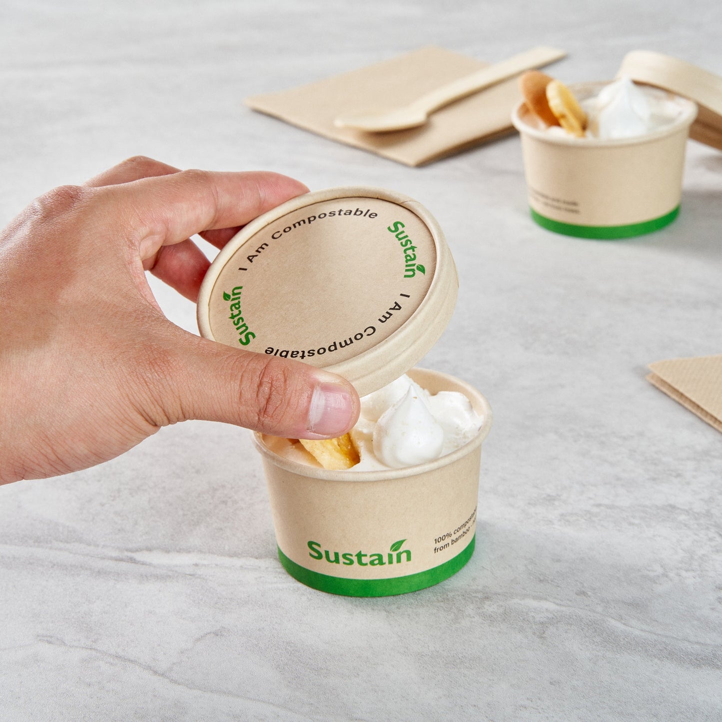 Sustain Round Bamboo Paper To Go Cup Lid - with PLA Lining, Fits 3 and 4 oz - 50 count box