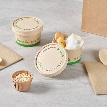 Sustain Round Bamboo Paper To Go Cup Lid - with PLA Lining, Fits 3 and 4 oz - 50 count box
