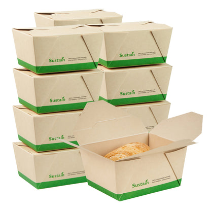 Sustain 30 oz Rectangle Bamboo Paper #1 Bio Box Take Out Container - with PLA Lining, Compostable - 5" x 4" x 2 1/2" - 50 count box