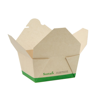 Sustain 30 oz Rectangle Bamboo Paper #1 Bio Box Take Out Container - with PLA Lining, Compostable - 5" x 4" x 2 1/2" - 50 count box