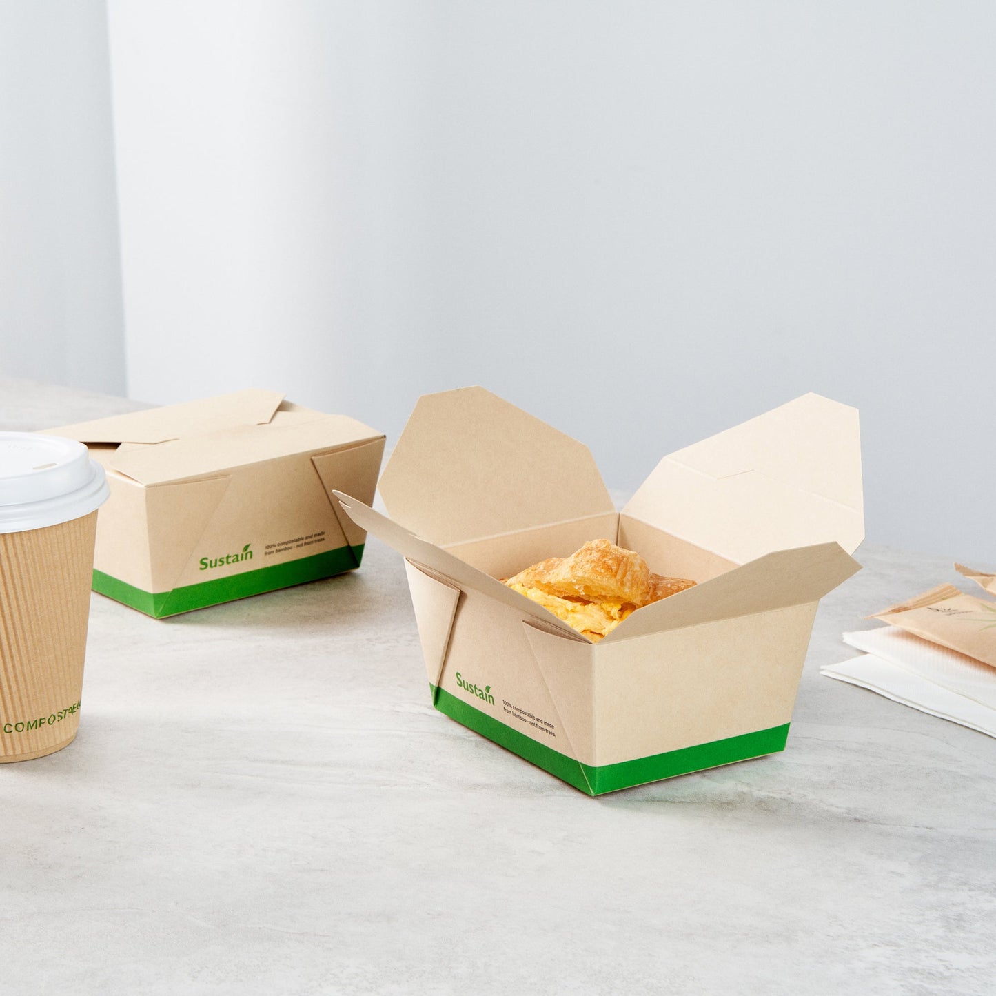 Sustain 30 oz Rectangle Bamboo Paper #1 Bio Box Take Out Container - with PLA Lining, Compostable - 5" x 4" x 2 1/2" - 50 count box