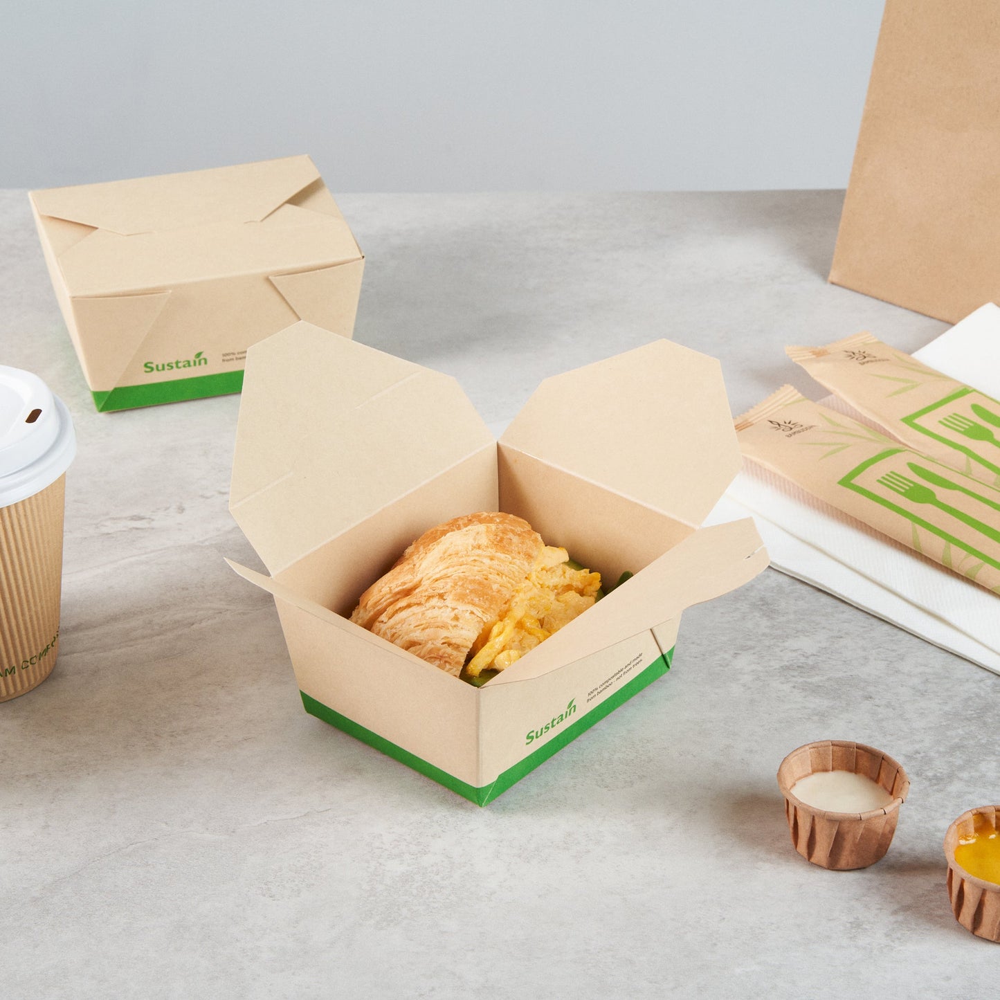 Sustain 30 oz Rectangle Bamboo Paper #1 Bio Box Take Out Container - with PLA Lining, Compostable - 5" x 4" x 2 1/2" - 50 count box