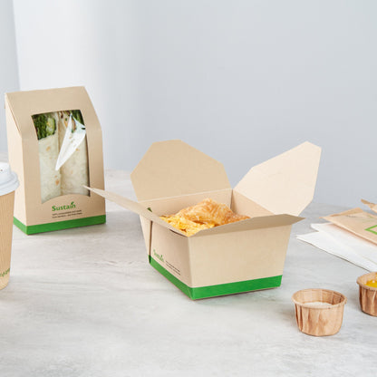 Sustain 30 oz Rectangle Bamboo Paper #1 Bio Box Take Out Container - with PLA Lining, Compostable - 5" x 4" x 2 1/2" - 200 count box