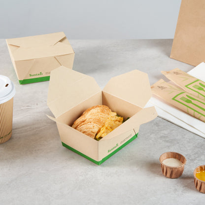 Sustain 30 oz Rectangle Bamboo Paper #1 Bio Box Take Out Container - with PLA Lining, Compostable - 5" x 4" x 2 1/2" - 200 count box