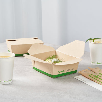 Sustain 45 oz Rectangle Bamboo Paper #8 Bio Box Take Out Container - with PLA Lining, Compostable - 6 3/4" x 5 1/2" x 2 1/2" - 200 count box