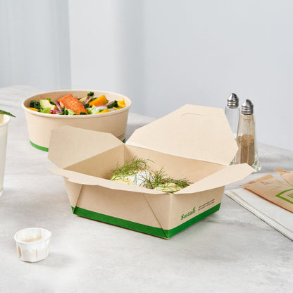 Sustain 45 oz Rectangle Bamboo Paper #8 Bio Box Take Out Container - with PLA Lining, Compostable - 6 3/4" x 5 1/2" x 2 1/2" - 200 count box