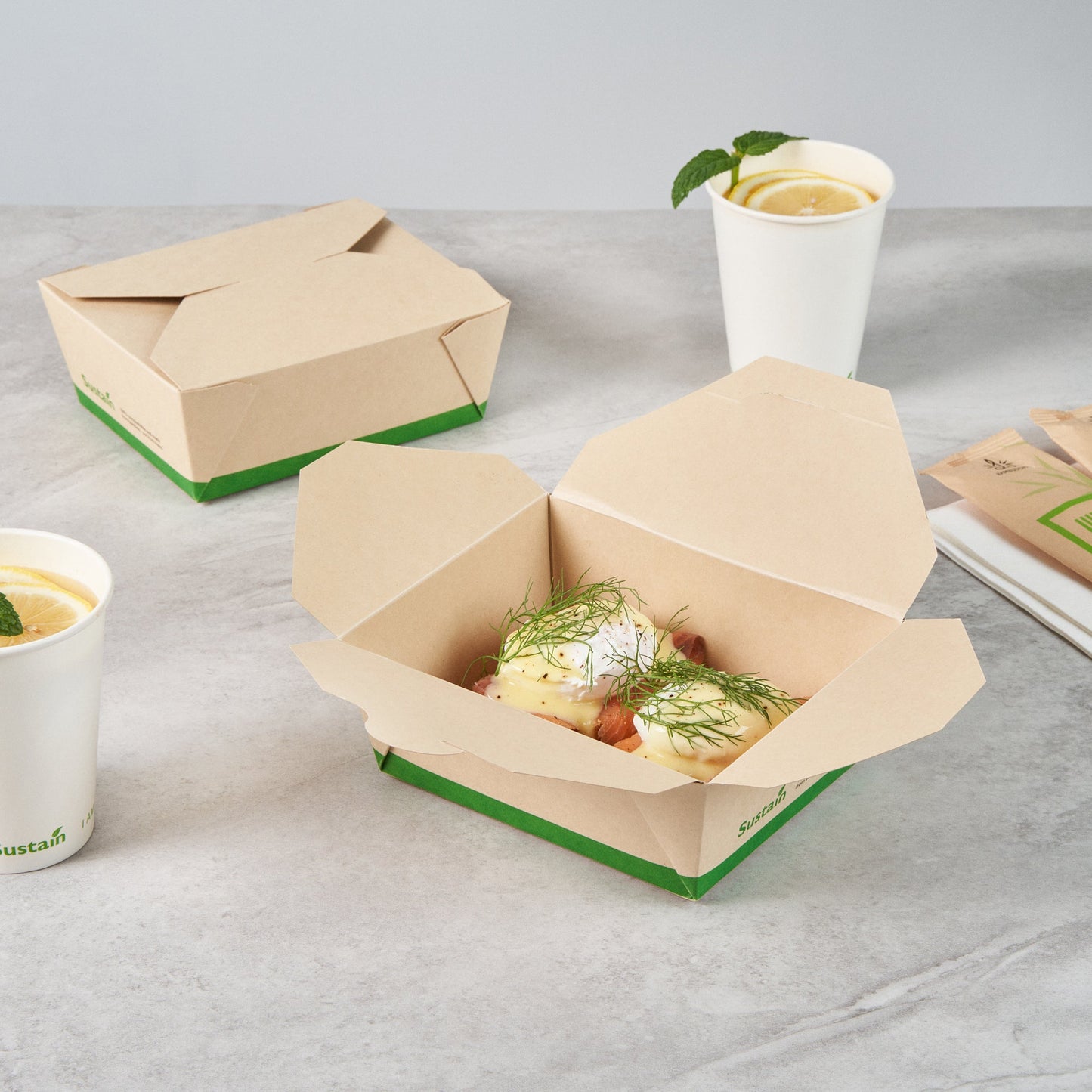 Sustain 45 oz Rectangle Bamboo Paper #8 Bio Box Take Out Container - with PLA Lining, Compostable - 6 3/4" x 5 1/2" x 2 1/2" - 200 count box