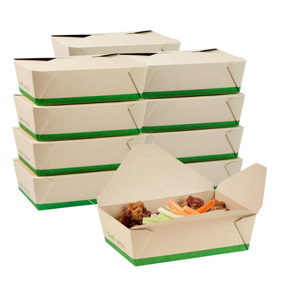 Sustain 71 oz Rectangle Bamboo Paper #3 Bio Box Take Out Container - with PLA Lining, Compostable - 8 1/2" x 6 1/4" x 2 1/2" - 50 count box