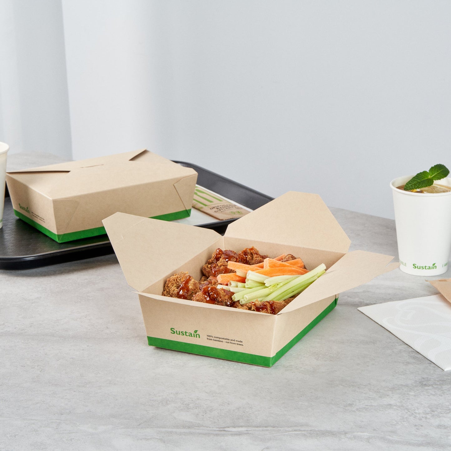 Sustain 71 oz Rectangle Bamboo Paper #3 Bio Box Take Out Container - with PLA Lining, Compostable - 8 1/2" x 6 1/4" x 2 1/2" - 50 count box