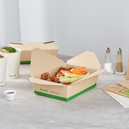 Sustain 71 oz Rectangle Bamboo Paper #3 Bio Box Take Out Container - with PLA Lining, Compostable - 8 1/2" x 6 1/4" x 2 1/2" - 50 count box