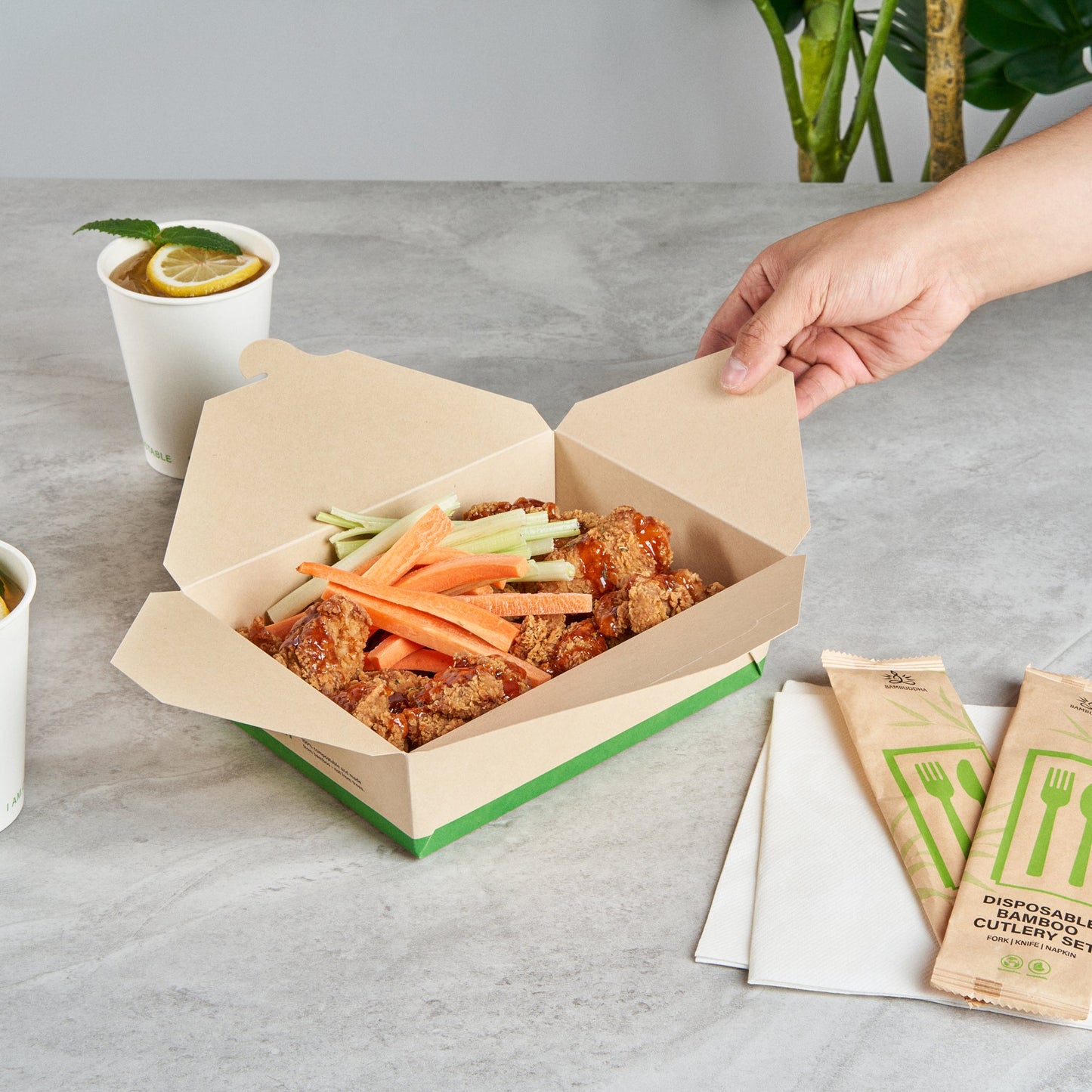 Sustain 71 oz Rectangle Bamboo Paper #3 Bio Box Take Out Container - with PLA Lining, Compostable - 8 1/2" x 6 1/4" x 2 1/2" - 50 count box