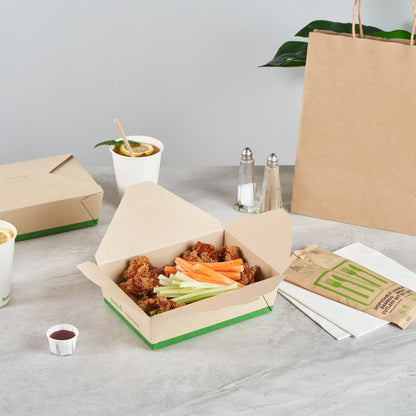 Sustain 71 oz Rectangle Bamboo Paper #3 Bio Box Take Out Container - with PLA Lining, Compostable - 8 1/2" x 6 1/4" x 2 1/2" - 50 count box