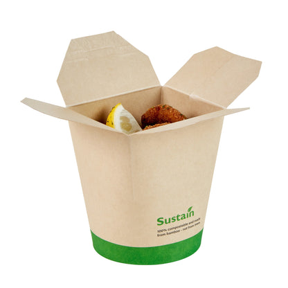 Sustain 16 oz Round Bamboo Paper Noodle Take Out Container - with PLA Lining, Compostable - 3 1/4" x 3" x 4" - 200 count box