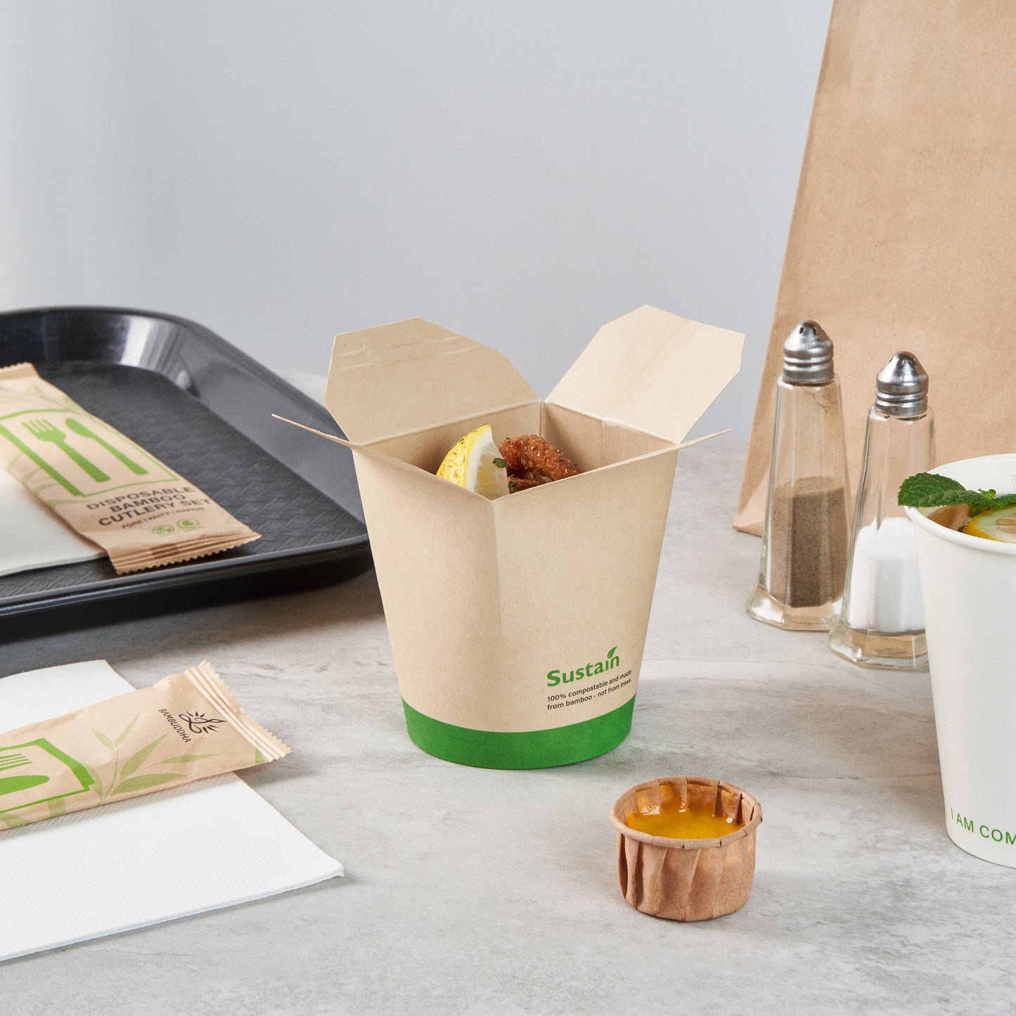 Sustain 16 oz Round Bamboo Paper Noodle Take Out Container - with PLA Lining, Compostable - 3 1/4" x 3" x 4" - 200 count box