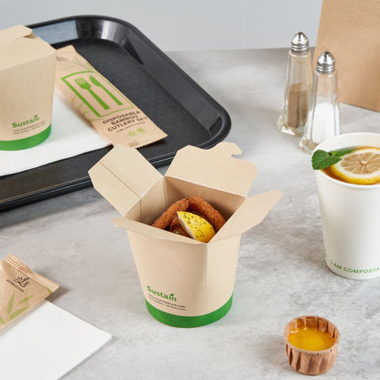 Sustain 16 oz Round Bamboo Paper Noodle Take Out Container - with PLA Lining, Compostable - 3 1/4" x 3" x 4" - 200 count box